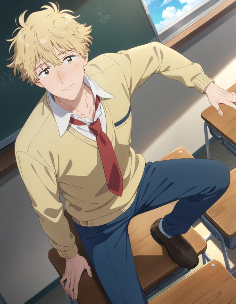 1boy, solo, male focus, full body, shima sousuke, blonde hair, brown eyes, yellow sweater, blue pants, collared shirt, white shirt, red necktie, outdoors, looking at viewer, classroom, school desk, masterpiece, best quality, very aesthetic, absurdres, very detailed, sensitive,