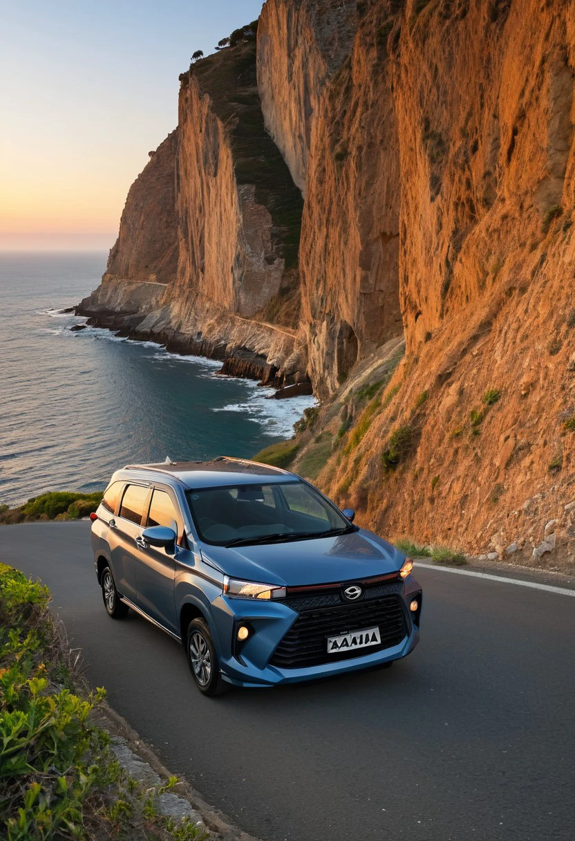 high resolution, best quality, Car, Daihatsu Xenia, Winding coastal road, sunset, cliffs,