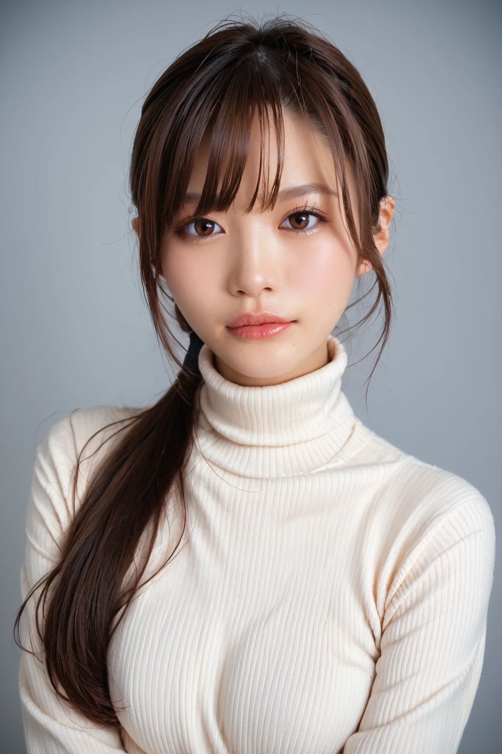 score_9,score_8_up,score_7_up,score_6_up BREAK source_real,raw,photo,realistic BREAK, 1girl,
<lora:Aizawa_V1:1>, kjoaizawa, black hair, long hair, bangs, brown eyes, Asian, low ponytail, 
turtleneck, long sleeves, 
looking at viewer, portrait, shot, expressionless, hand on facial, 
Simple background,
(Beautiful, medium Breasts:1.2), natural breasts,