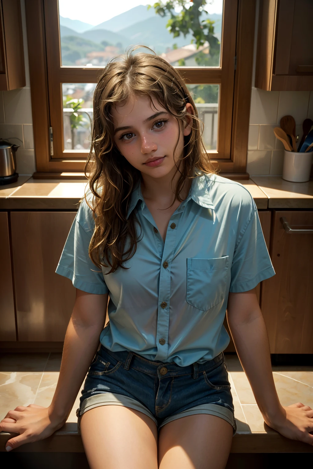 a photograph of (1girl, 19 years old, slight smile)>,<lora:ZH_Emikukis_v1:0.9>, zh_emikukis, solo, realistic, brown eyes, looking at viewer, wearing (loose button shirt and shorts)