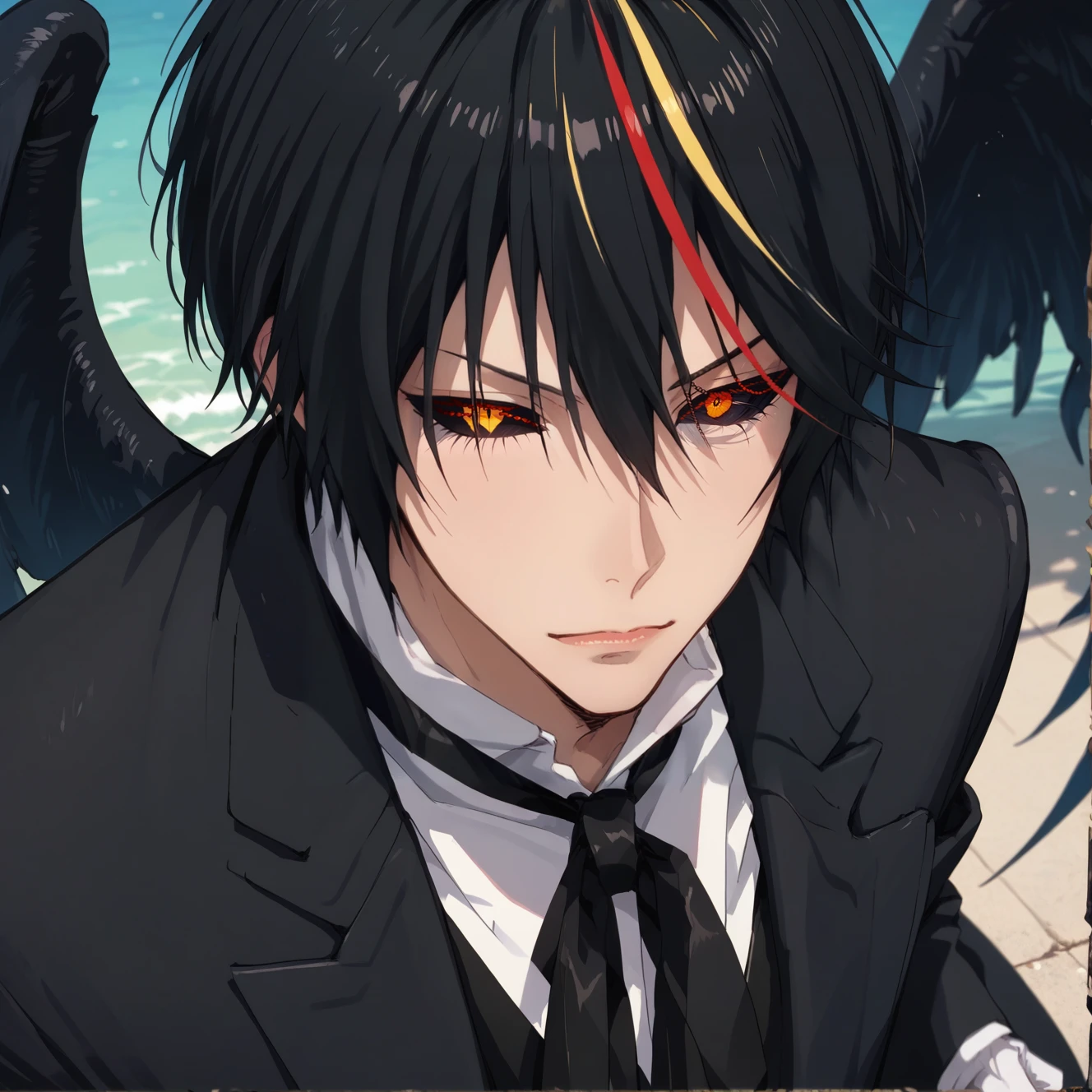 score_9, score_8,  score_7, score_6_up, score_5_up, from above, 1boy, male focus, solo, black hair, streaked hair, black sclera, multicolored hair, formal, suit, red hair, blonde hair, looking at viewer, hair between eyes, shirt, necktie, white shirt, collared shirt, yellow eyes, black jacket, slit pupils, chain, gloves, pants, white gloves, wings, detailed eyes, (((close portrait, face focus))).
<lora:Sinozick_Style_XL_Pony:0.2>,  <lora:DefaultZ17:0.2>,  <lora:style1:0.2>, <lora:flyx3_XL_PONY:0.2> <lora:pixivtext2:0.2>, <lora:K3R4X_Portraits:0.45>, <lora:Noir-Diablo-Pony:1> noirdiablo,