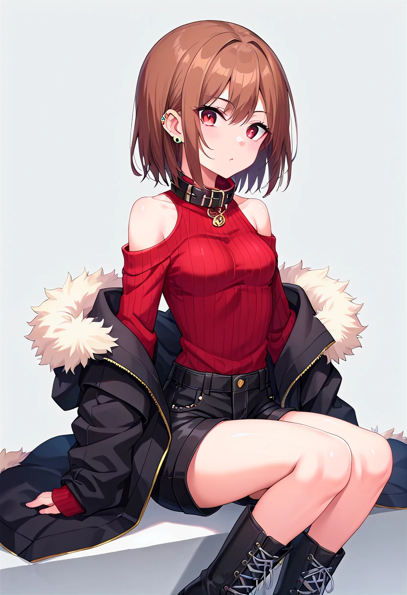 score_9, score_8_up, score_7_up, source_anime,
charaSF, 1girl, solo, medium hair, brown hair, red eyes, ear piercing, collar, black jacket, off shoulder, fur trim, red sweater, ribbed sweater, turtleneck, shoulder cutout, long sleeves, black shorts, black boots,
best_quality, masterpiece, anime style
