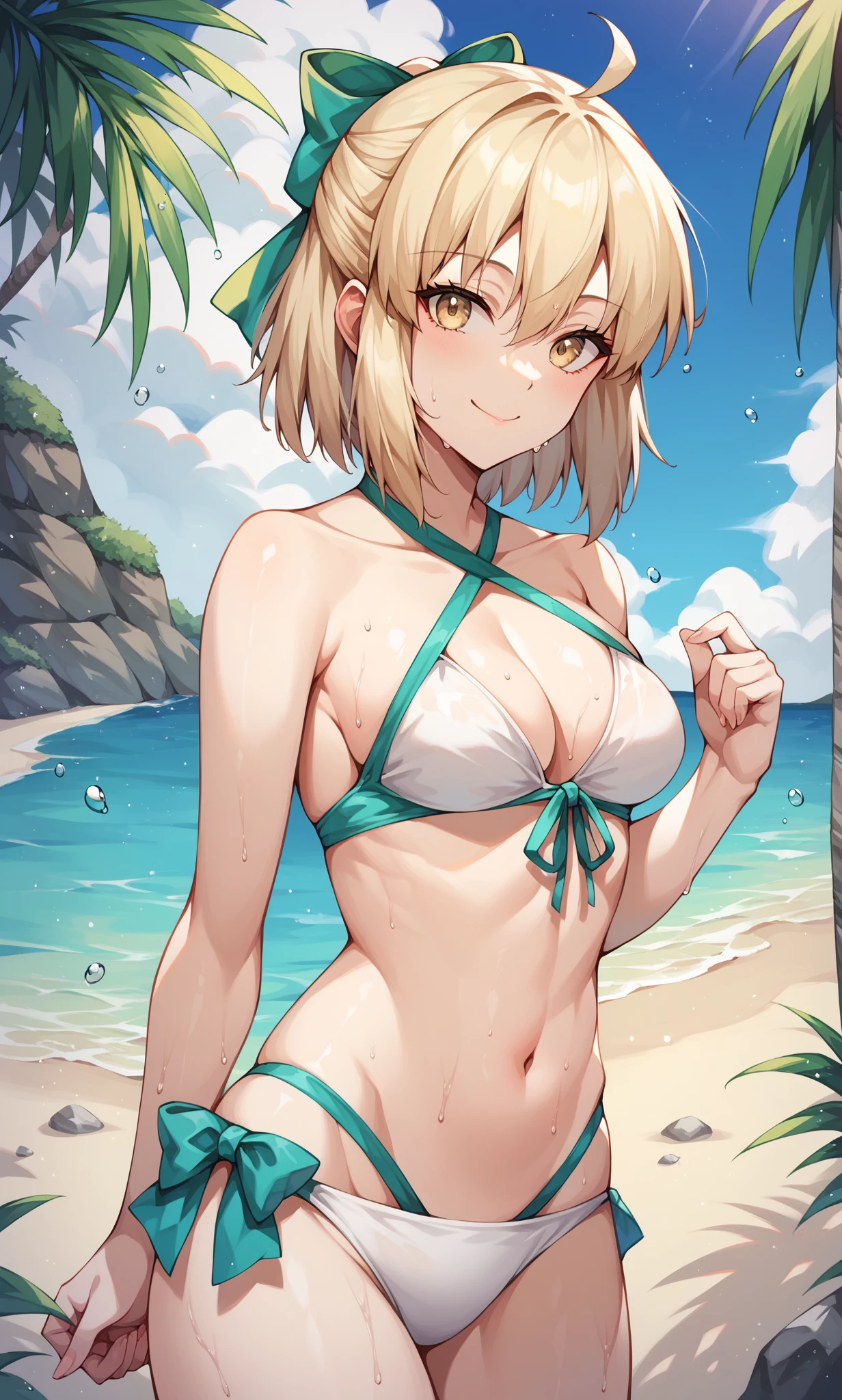 score_9, score_8_up, score_7_up, score_6_up, score_5_up, score_4_up, BREAK source_anime, 1girl, solo, outdoors, beach, cowboy shot, standing, looking at viewer, smile, closed mouth, okita, yellow eyes, blonde hair, short hair, ahoge, hair bow, green bow, white bikini, front tie top, green ribbon, criss-cross halter, wet