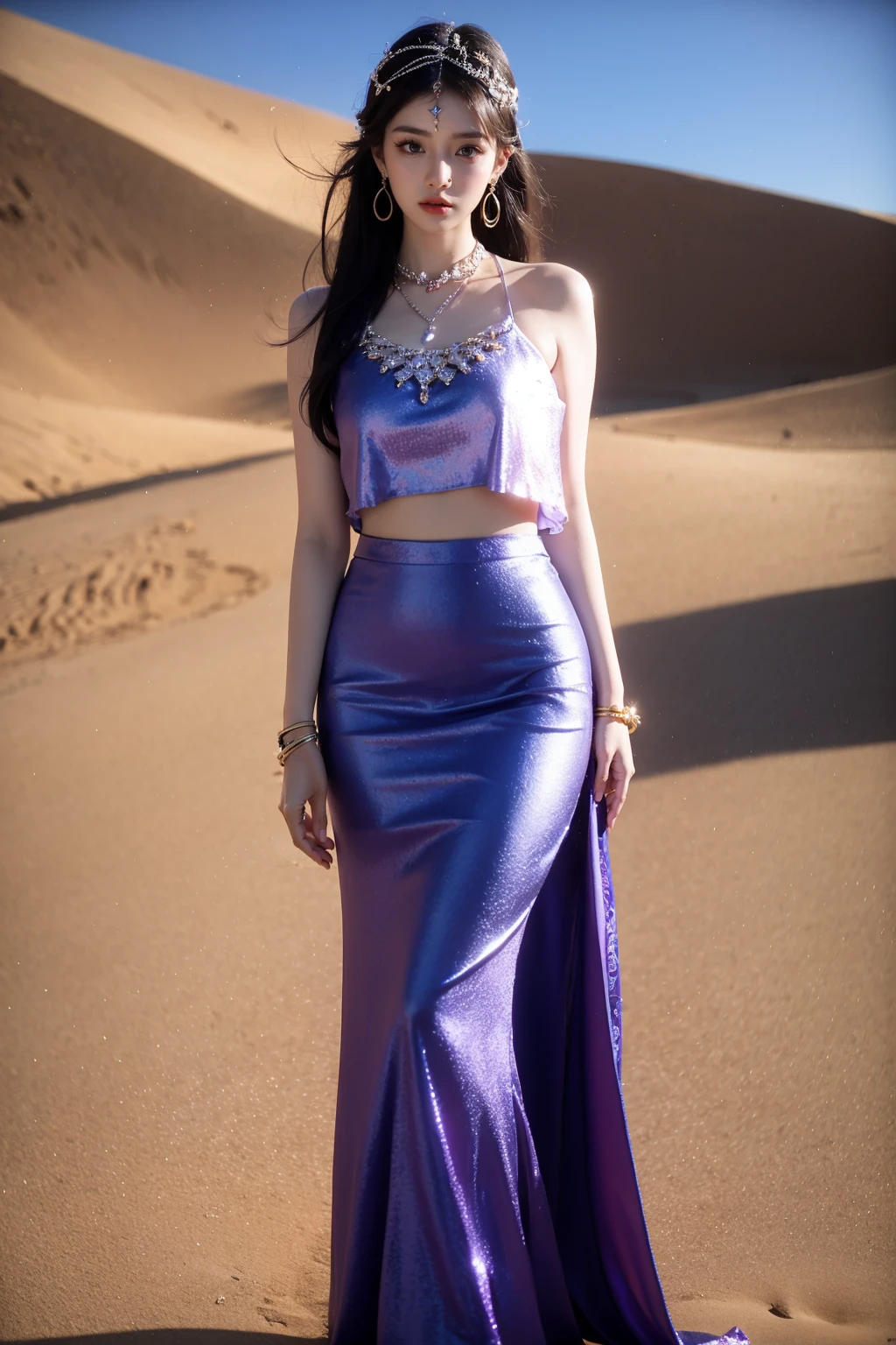 photorealistic,realistic,photography,masterpiece,best quality,ultra-detailed,extremely detailed CG unity 8k wallpaper,(reality: 1.4),1girl,solo, full body,standing,skirt,black hair,hair ornament,jewelry,earrings,necklace,bracelet,ring,long skirt,sand,desert,purple princess, Western Regions, <lora:JAY - PRINCESS WESTEM REGIONS:1>