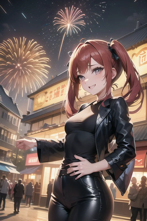 intricate details, finely detailed, <lora:Add Detail:0.4>, (masterpiece), best quality, high resolution, highly detailed, detailed background, thin, small size, ((curved)), (ray of lights), colorful backgrounds, (close up),  ((st_style)),smiling, ((little short twintails)), red hair, night, big breasts, laughing, night, ((landscape of a parade in a crowded main street with lights and fireworks)), birds, butterfly, food and game stalls, ((tight t-shirt with black jacket and tight pants))