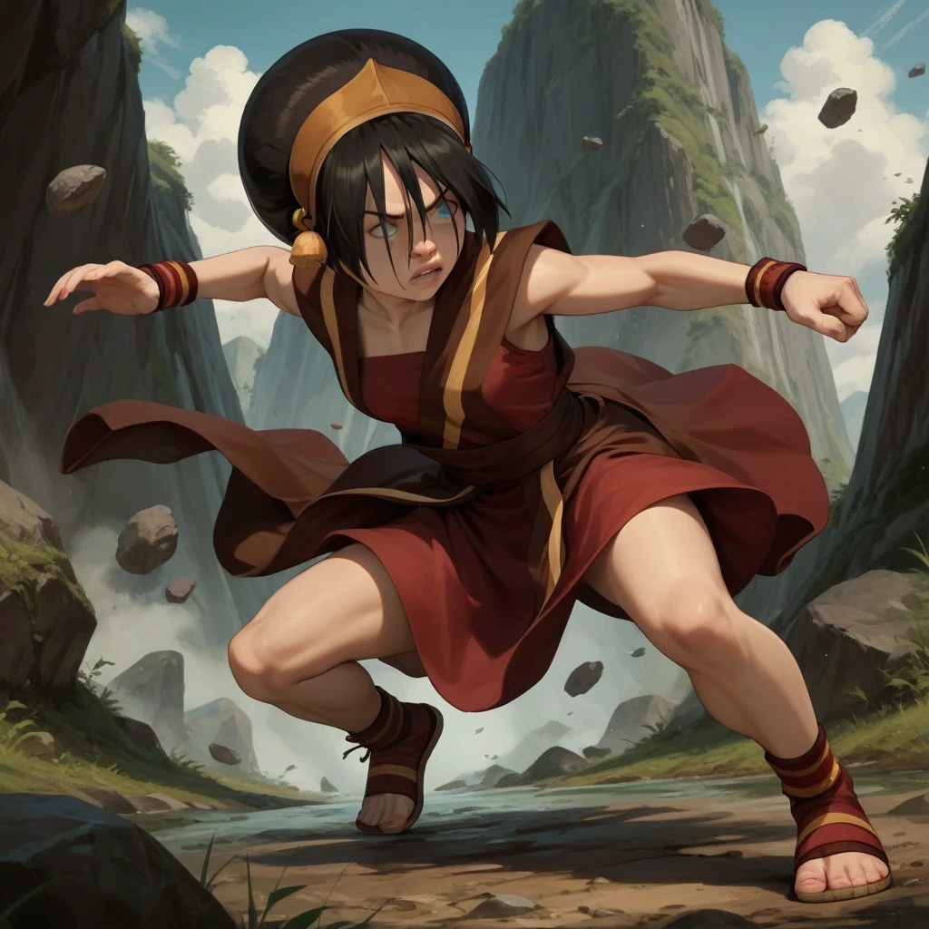 score_9, score_8_up, score_7_up, score_6_up, score_5_up, score_4_up, 1girl, Toph, blind, fighting stance, surrounded by flying rocks