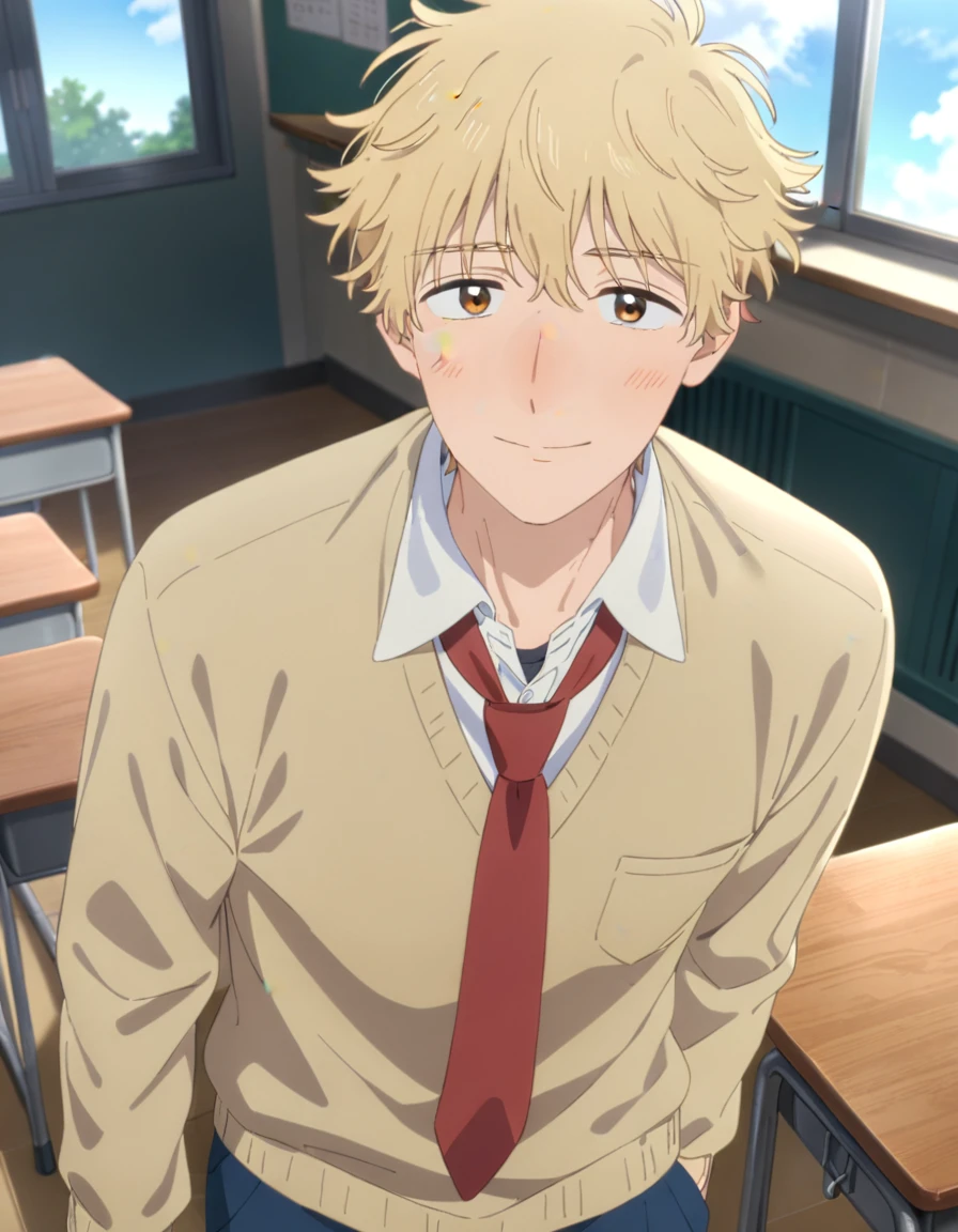 1boy, solo, male only, male focus, shima sousuke, blonde hair, brown eyes, yellow sweater, blue pants, collared shirt, white shirt, red necktie, outdoors, looking at viewer, facing viewer, classroom, school desk, masterpiece, best quality, very aesthetic, absurdres, very detailed, sensitive,