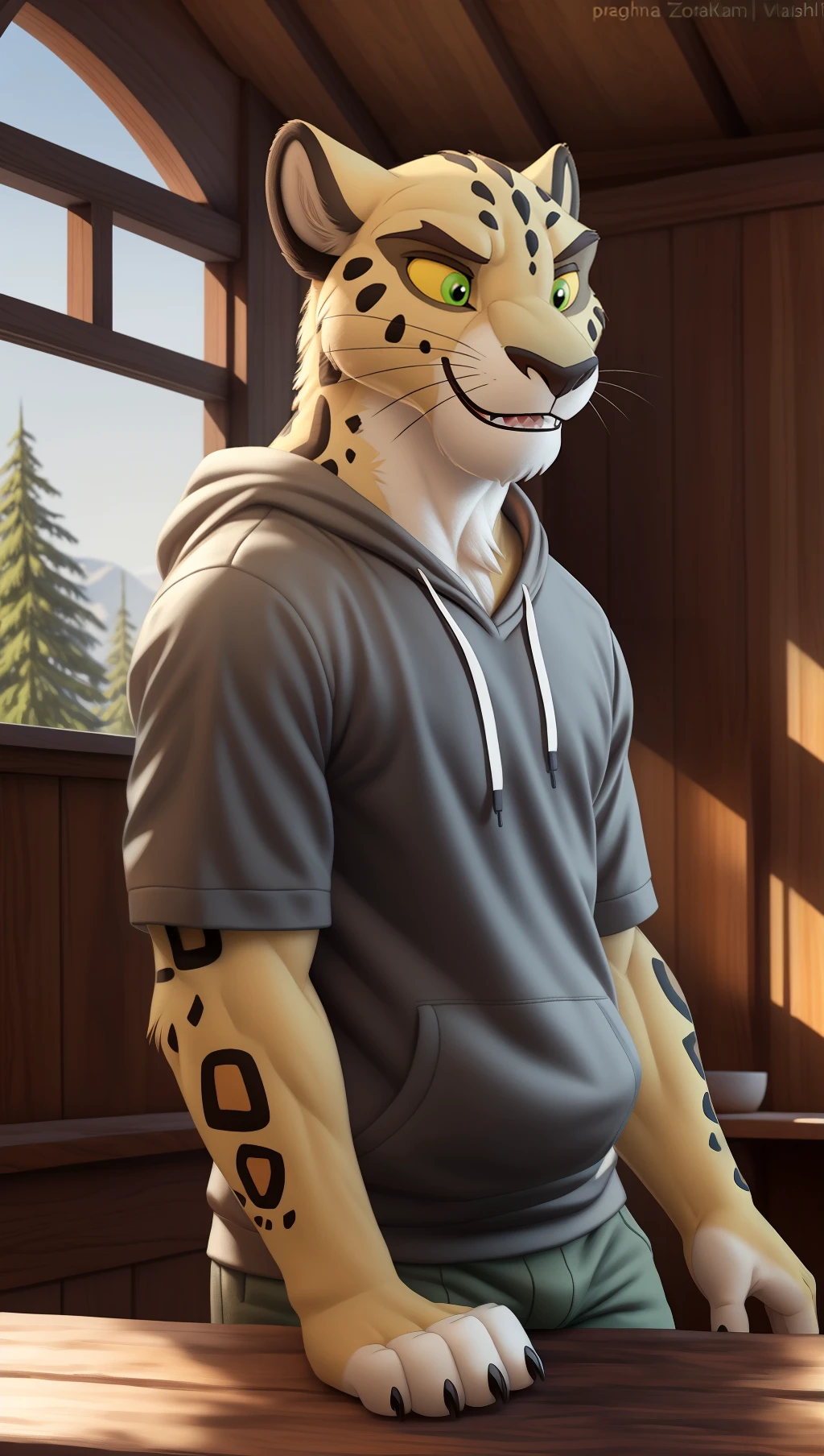 Solo <lora:2D121D407D:0.7> anthro, leopard, Makucha, male, yellow sclera, green eyes, realistic fur, realistic, photorealistic, ultra-realistic, 4k, green, sleepy, perfect hands, by zackarry911, by zaush,(insanely detailed, masterpiece, realistic, realistic fur, best quality),  (by personalami:0.7) (maple story:0.8),  detailed background, excited smile, blue shorts, grey hoodie