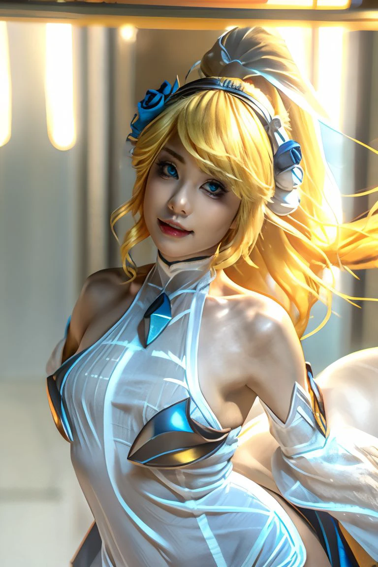 1girl, solo, medium breasts, looking at viewer, realistic, photorealistic, blonde hair, flower, long hair, bare shoulders, blue eyes, hair ornament,  gloves, navel, hyper detailed, super sharp, crisp, smooth, smooth gradients, depth of field, (in studio: 1.1), (white background: 1.1), <lora:nekoyoshi_crystalrose:1>, <lora:breastsizeslideroffset:-0.25>, <lora:add_detail_v5:1>, dress, league of legends, lux