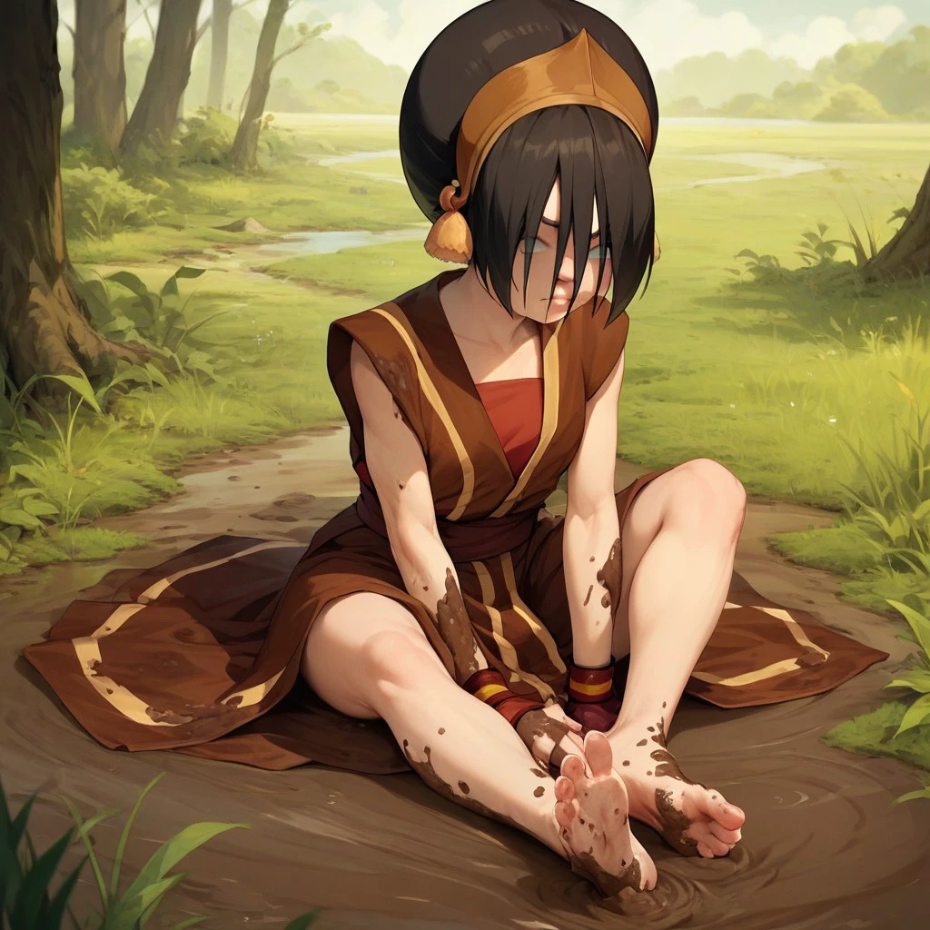 score_9, score_8_up, score_7_up, score_6_up, score_5_up, score_4_up, 1girl, Toph, sitting on the ground, muddy, barefoot