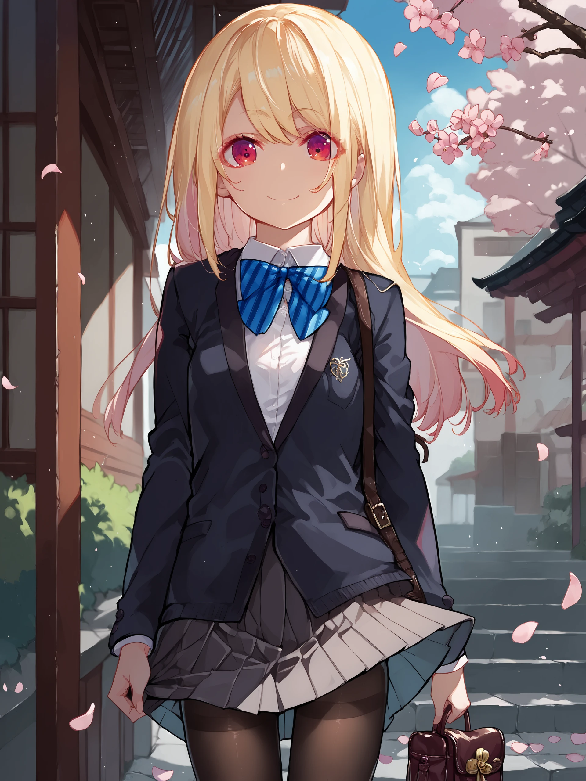 1girl, amane lily, solo, white shirt, collared shirt, pleated skirt, striped bowtie, blazer, black pantyhose, standing, cowboy shot, light smile, looking at viewer, outdoors, street, cherry blossoms, petals, depth of field score_9, score_8_up, score_7_up, source_anime,  <lora:Char-AmaneLily-Pony-V1:1> small breasts <lora:Style-Expressive_H-pony:1>