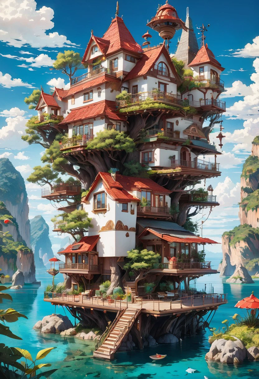 the image showcases a whimsical and intricately designed house that appears to be floating above the water. the house has multiple levels, with a prominent red-tiled roof, multiple windows, and various decorative elements. there are antennas, a satellite dish, and other technological devices attached to the house. the house is surrounded by a deck with seating, plants, and a table. below the house, there's a large rock formation that supports the house. the backdrop is a serene blue sky with fluffy white clouds.