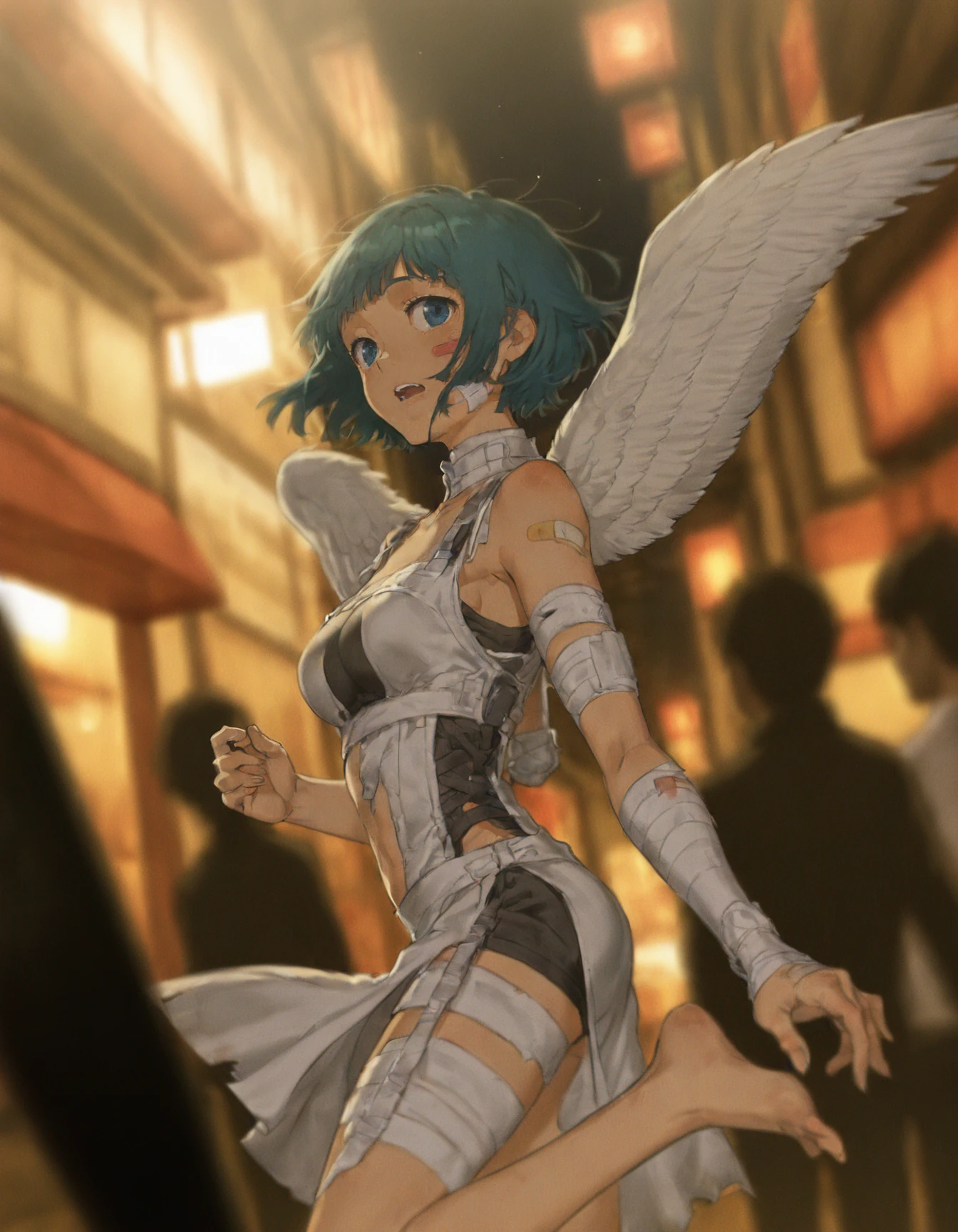 1girl, night, barefoot, bandaid on face, bandages, angel wings, open mouth, short hair, feathered wings, bandaid, blue eyes, city, solo focus, outdoors, white wings, building, blue hair, medium breasts, perspective, <lora:yoneyama_mai:0.8>