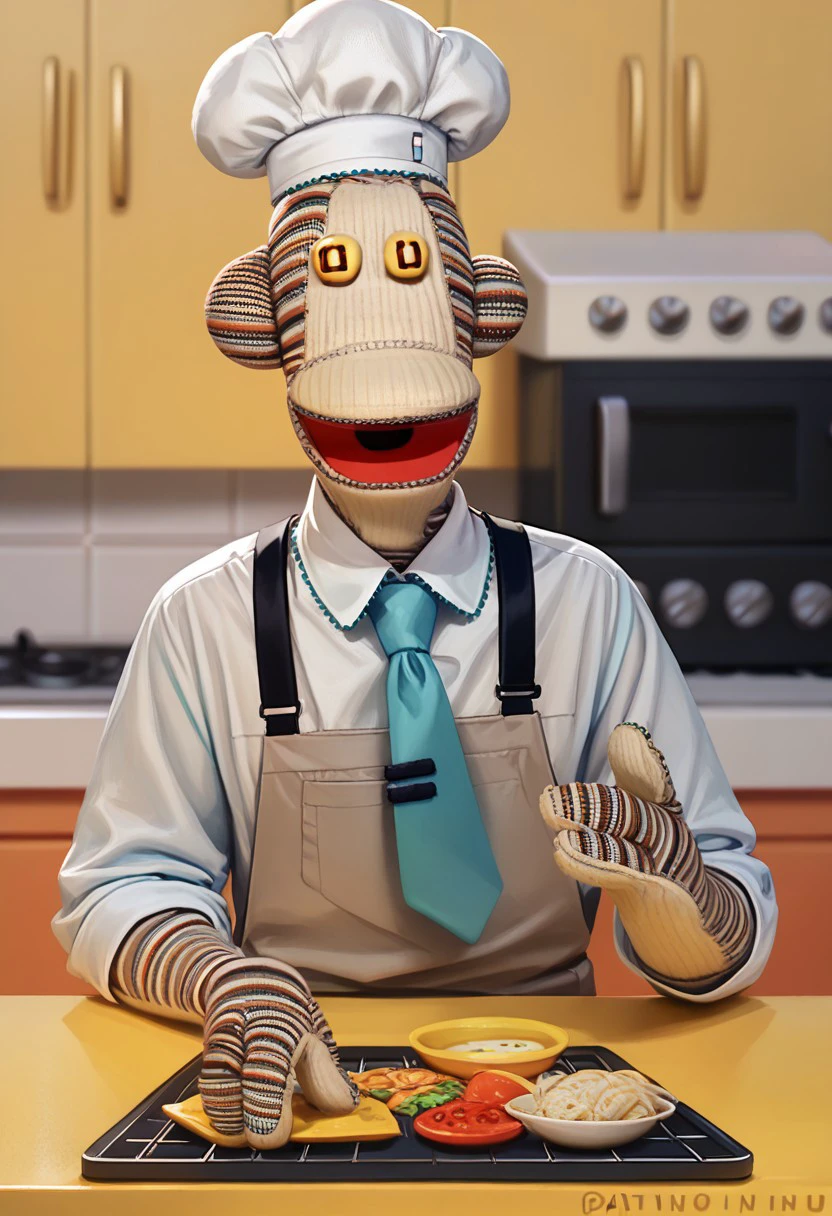 hatsune_miku_\(cosplay\), score_9, score_8_up, score_7_up BREAK Tulio31, 1boy, sockpuppet chimpanzee, yellow button eyes, barefoot, formal suit, tie, white undershirt, beige pants, full body, cooking cupcakes, making sweets, chef hat, happy, smiling, kitchen indoors,