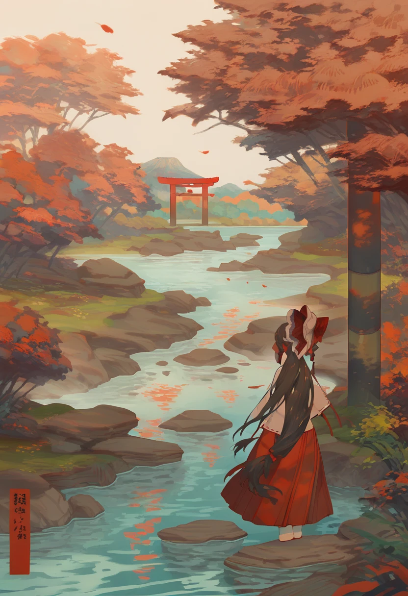 score_9, score_8_up, score_7_up, score_6_up <lora:reiXL_AutC_lokr_V43P1:0.95> 1girl, hakurei reimu, solo, long hair, bow, torii, hair bow, red bow, outdoors, tree, skirt, red skirt, scenery, japanese clothes, wide sleeves, miko, hair tubes, standing, from behind, long sleeves, water, wide shot, autumn, gohei, very long hair, brown hair, rock, hakama, black hair, holding gohei, white socks, autumn leaves, leaf, red hakama, socks, ponytail, detached sleeves, sky, ribbon-trimmed sleeves, nature, holding, full body, hakama skirt, facing away, ribbon trim, mountain, frilled bow