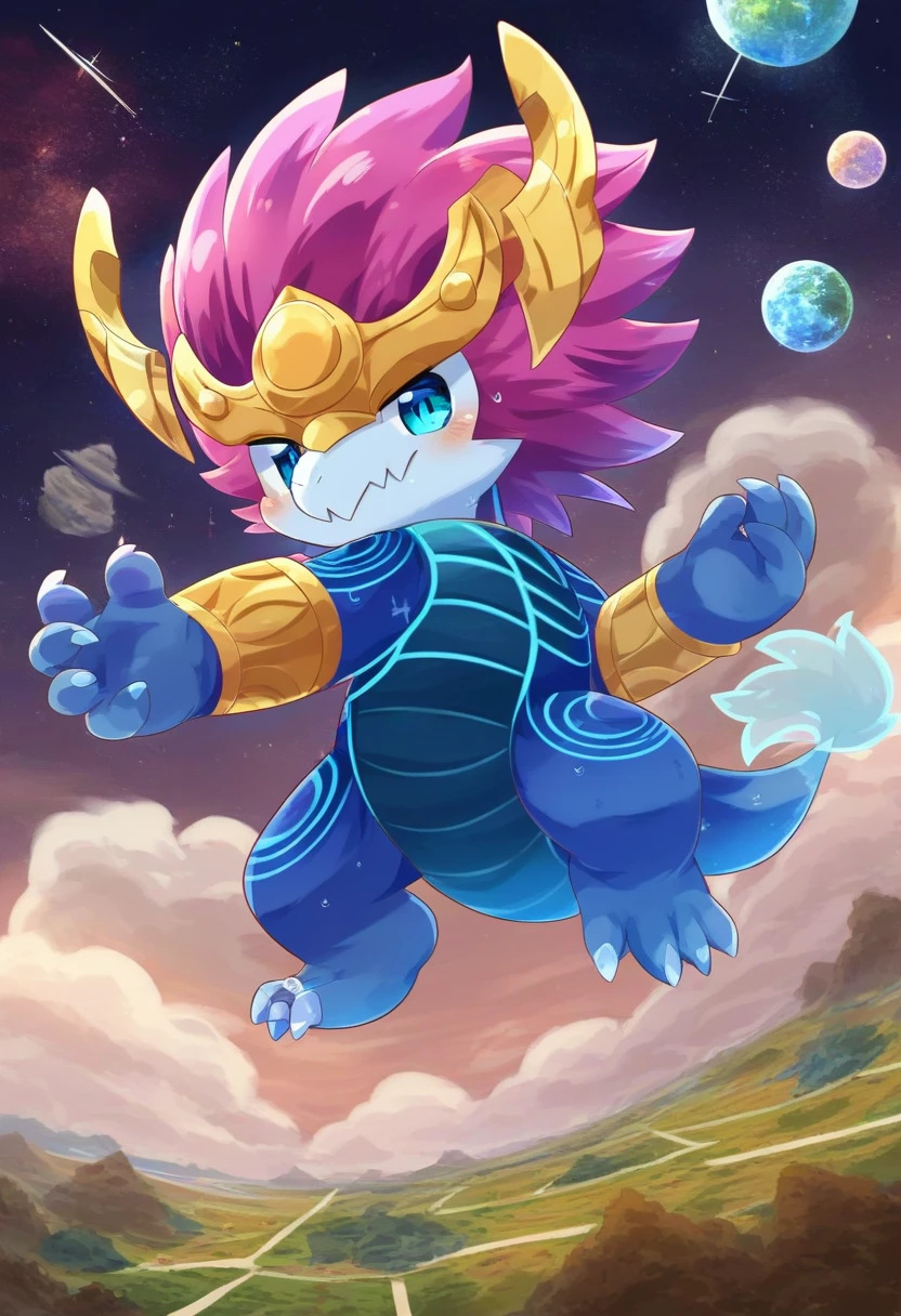 score_9, score_8_up, score_7_up, score_6_up, score_5_up, eastern dragon, aurelionsol, [[[bnp]]], [headgear, bracers], tail, anthro, solo, macro, [chibi], standing, looking at viewer, space, low-angle view, [[toe claws]]