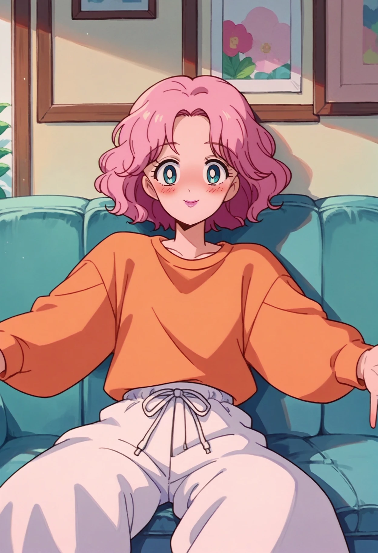 score_9, score_8_up,score_7_up, source_anime, <lora:SlrmnRtr_pdxl_EliPot:1>, 1girl, solo,
pink lips, orange t-shirt, baggy pants, outstretched arms, blush smiling, sitting on couch, in living room, looking at viewer, pov, incoming hug,