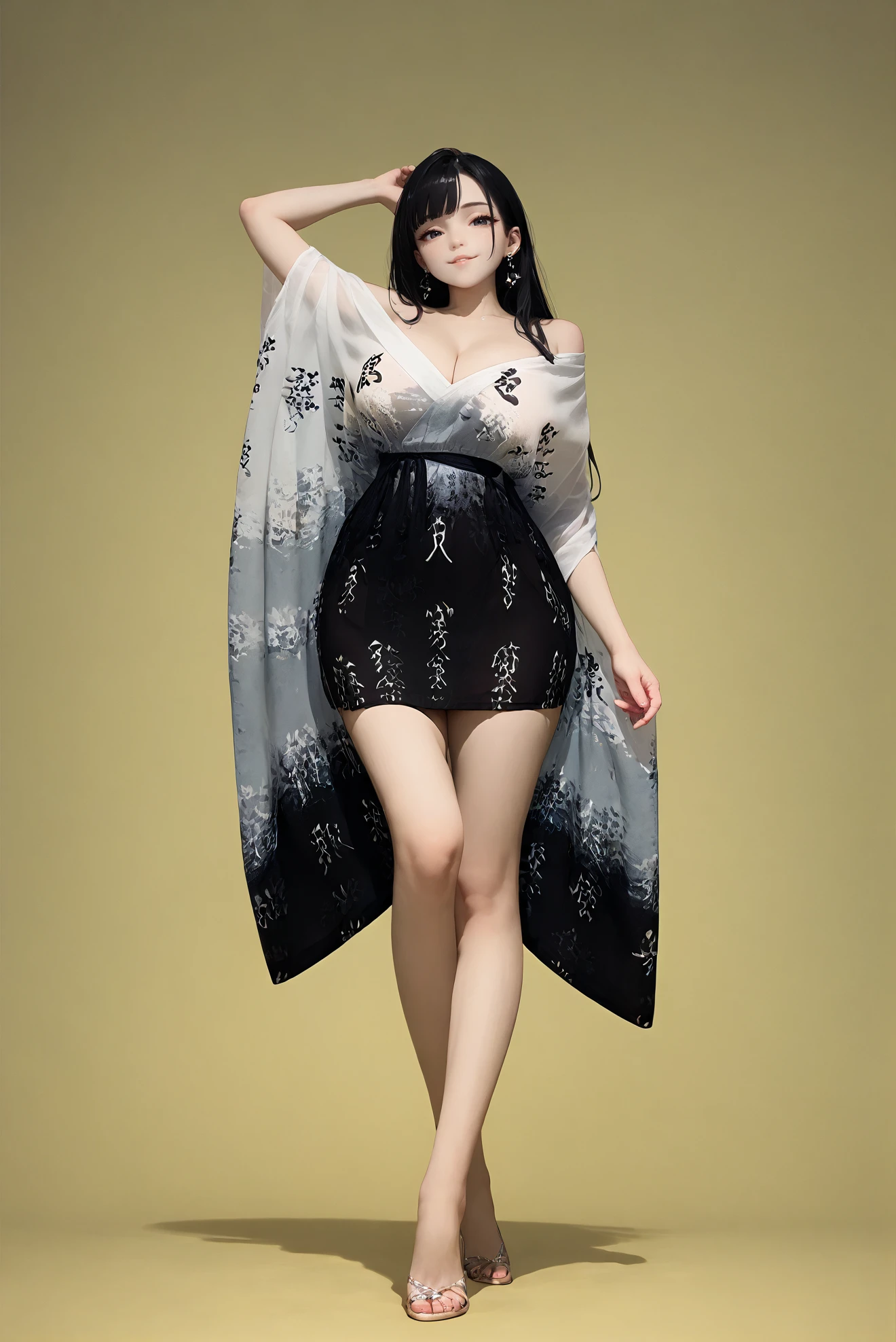 ,hanfu01,(light smile:0.7),,Expressiveh,from_below,big breast,
1girl,long hair,black hair,solo,jewelry,full body,standing,earrings,looking at viewer,Standing with one arm raised, elbow bent,,1r1d3sc3nc3,off shoulder,yellow background,<lora:GK-pony-hanfuwenzi>,<lora:PONY_Expressive_H-000001:0.8>,<lora:1r1d3sc3nc3XLP:0.2>, score_9, score_8_up, score_7_up,, score_6_up, score_5_up, score_4_up,, ultra detailed,perfect face,HD32K,