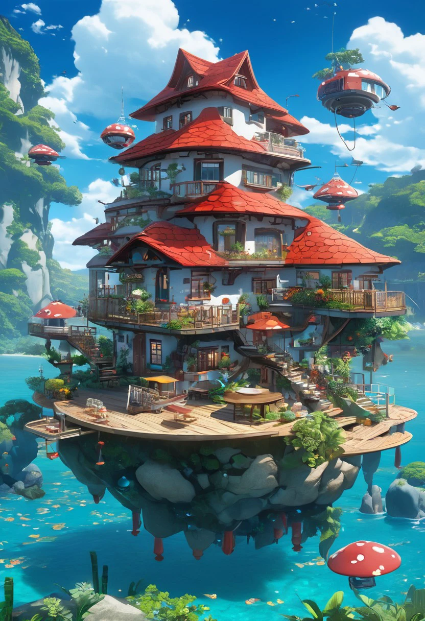 the image showcases a whimsical and intricately designed house that appears to be floating above the water. the house has multiple levels, with a prominent red-tiled roof, multiple windows, and various decorative elements. there are antennas, a satellite dish, and other technological devices attached to the house. the house is surrounded by a deck with seating, plants, and a table. below the house, there's a large rock formation that supports the house. the backdrop is a serene blue sky with fluffy white clouds.