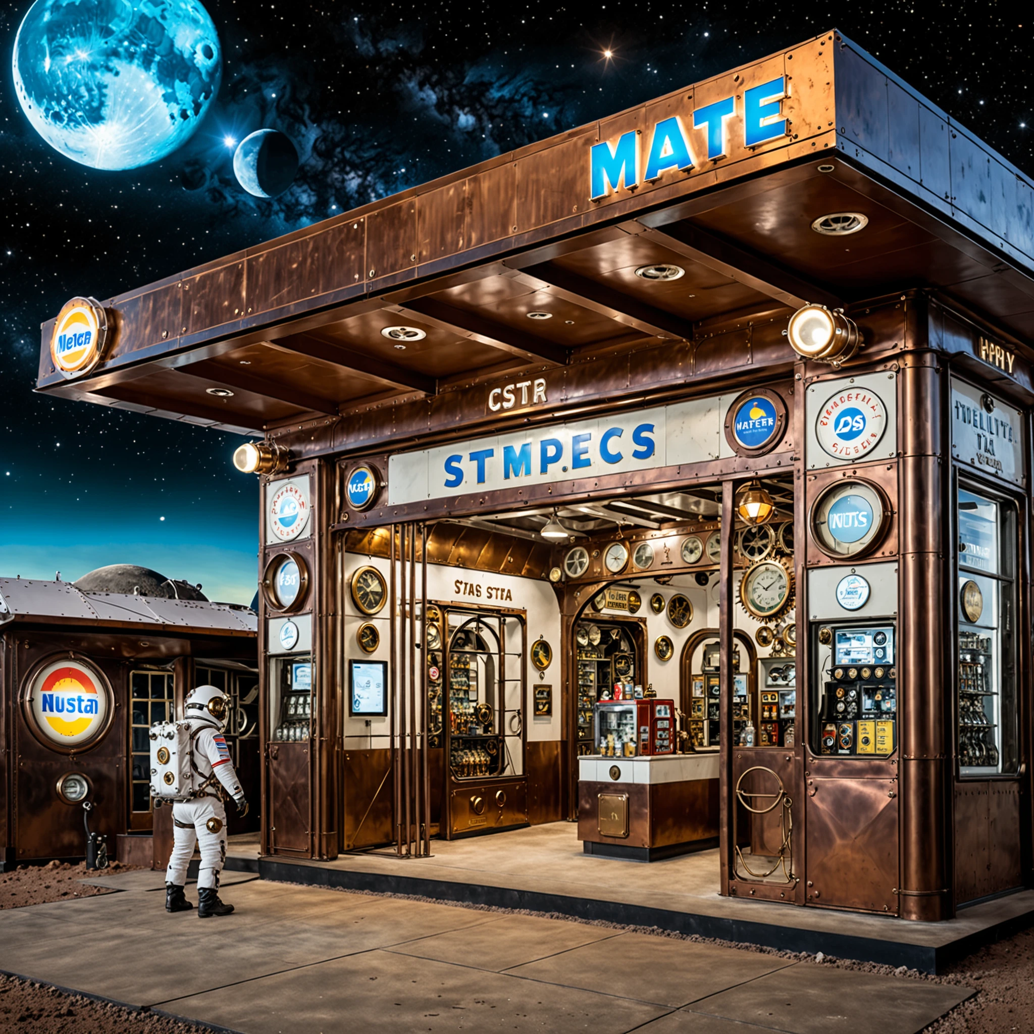 <lora:storefront_XL:0.5>,storefront,(a steampunk gas station on the moon:1.5),decoration of mechanical steel,cosmic sky,science fiction film,there are two astronauts at the door,earth in the sky,lunar ground,spacecraft,masterpiece,best qualtiy,mechanically decorated signboard,