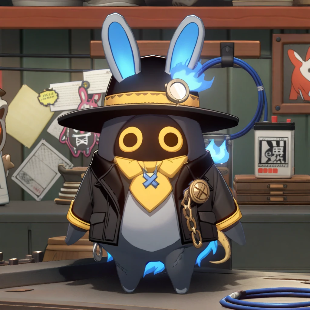 1other, 
doll, stuffed toy, no humans, solo, standing, rabbit ears, candle, star \(symbol\), x, no mouth, taur, animal ears, shelf, black coat, snake tail, monster, lamp, colored skin, fire, rabbit, tail raised, blue fire, yellow collar, full body, grey skin, looking at viewer, indoors, table, solid circle eyes, holding stuffed toy, animal nose, stuffed bird, black hat, open clothes, holding, hat, black border, snake, stuffed kappa, top hat, wooden table, looking at object, monocle chain, character name, open coat, tail, picture frame, ghost, yellow eyes, other focus, coat, candle hat, fake animal ears, long sleeves, stuffed animal, border, 
masterpiece, best quality
 <lora:XL_bangboo_(zenless_zone_zero) (a3.1)-000014:1>