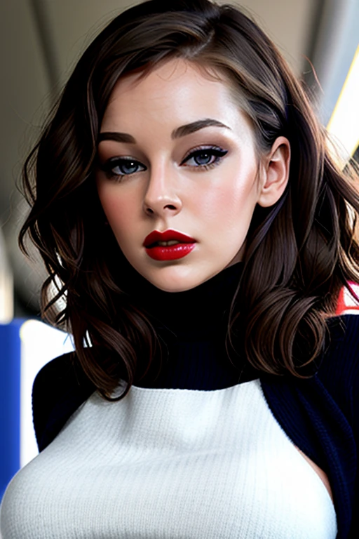 keeleyhazell-3042:0.99, ((red lipstick, blush, pale skin)),((detailed eyes, beautiful eyes, detailed face, beautiful face)), , photo of a woman, ,beautiful picture, fully clothed, turtleneck sweater, skirt, thighhighs, outside, carnival, festival, sunset, detailed, epic, closeup ,