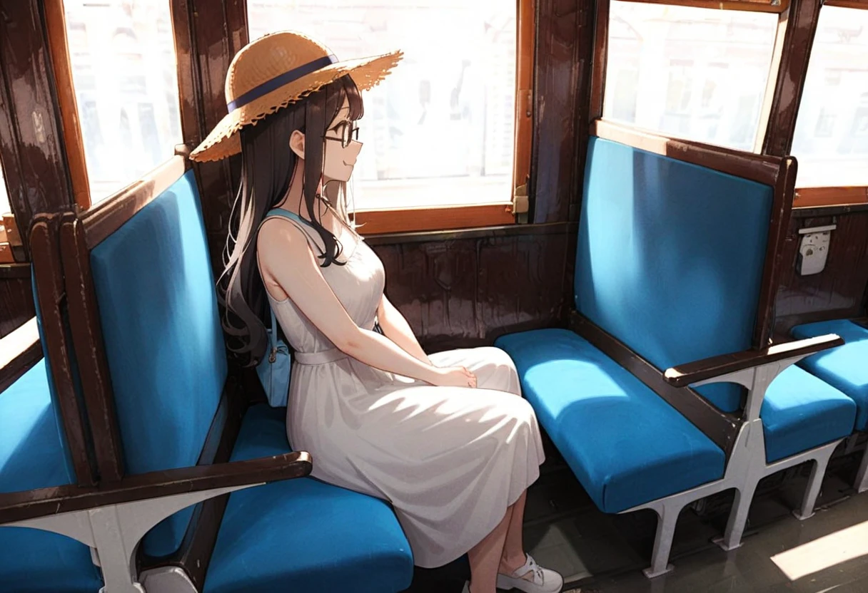 masterpiece, best quality, very aesthetic, absurdres,
1girl, solo, glasses, black hair, long hair, sundress, white dress, straw hat, bag, sitting, smile, looking at another, solo focus, from side,
oha35w, train interior, scenery, chair, sunlight, window, day, indoors,
<lora:oha35w_SDXL_V2:0.8>