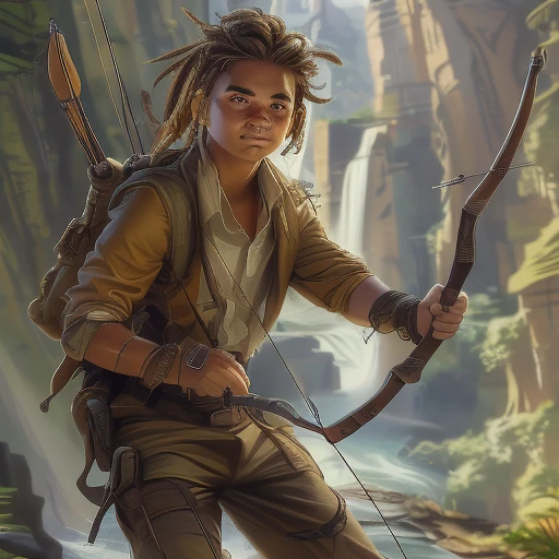 freckles, brown hair, holding weapon, watch, holding bow (weapon), 1boy, outdoors, waterfall, scar, braid, backpack, jewelry, dreadlocks, wristwatch, drawing bow, gloves, dark-skinned male, 1girl, bag, jacket, shirt, aiming