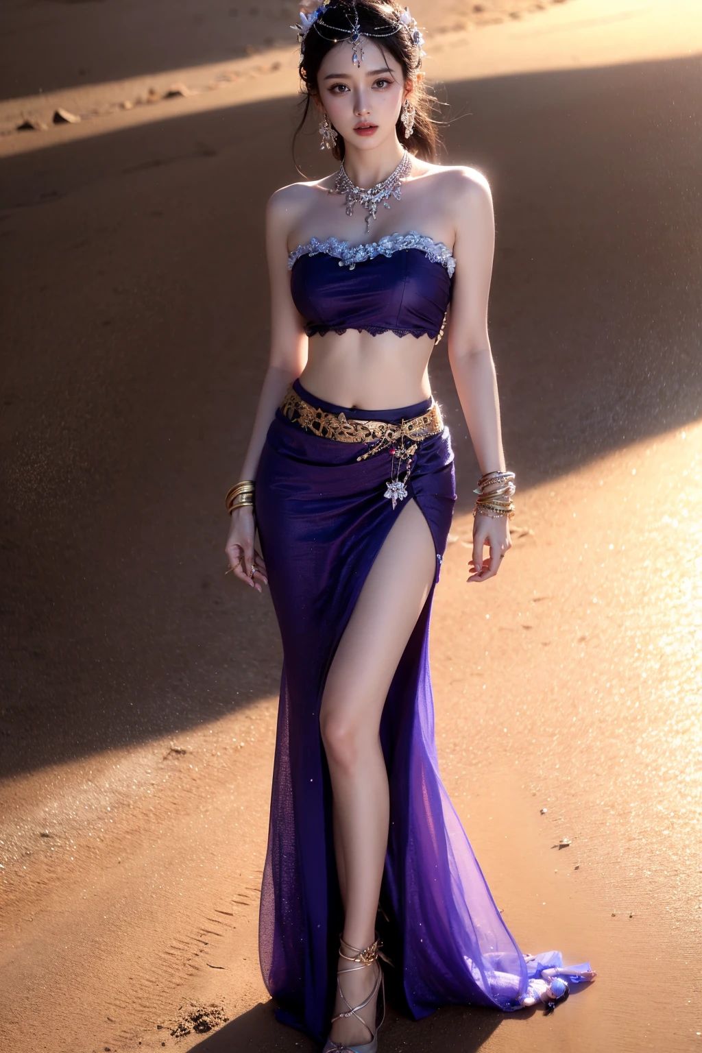 photorealistic,realistic,photography,masterpiece,best quality,ultra-detailed,extremely detailed CG unity 8k wallpaper,(reality: 1.4),1girl,solo, full body,standing,skirt,black hair,hair ornament,jewelry,earrings,necklace,bracelet,ring,long skirt,sand,desert,purple princess, Western Regions, <lora:JAY - PRINCESS WESTEM REGIONS:1>