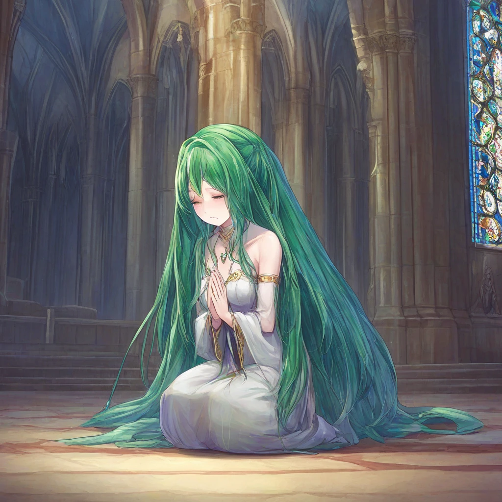 mana_sk, 1girl, beautiful, sad, tears, priestess, kneeling, church, long hair, green hair,