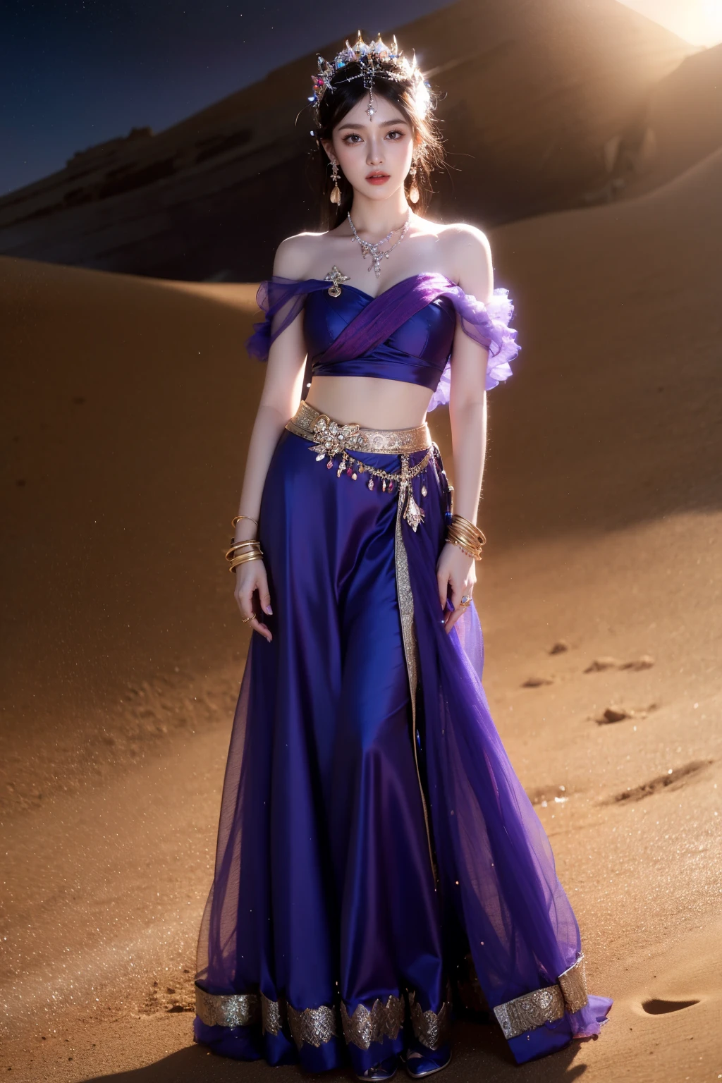 photorealistic,realistic,photography,masterpiece,best quality,ultra-detailed,extremely detailed CG unity 8k wallpaper,(reality: 1.4),1girl,solo, full body,standing,skirt,black hair,hair ornament,jewelry,earrings,necklace,bracelet,ring,long skirt,sand,desert,purple princess, Western Regions, <lora:JAY - PRINCESS WESTEM REGIONS:1>