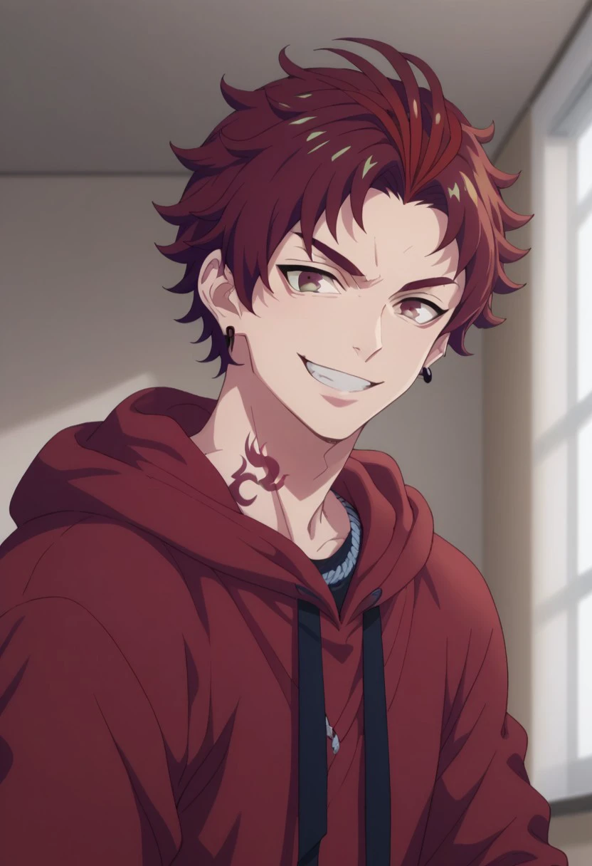 score_9, score_8_up, score_7_up, source_anime, highly detailed, 
allen, 1boy, male focus, solo, jewelry tattoo, smile, red hair, hood, looking at viewer,
ring, red eyes, earrings, grin, red hoodie, hoodie, anime coloring, hand up, hood down, clenched hand,
indoor,