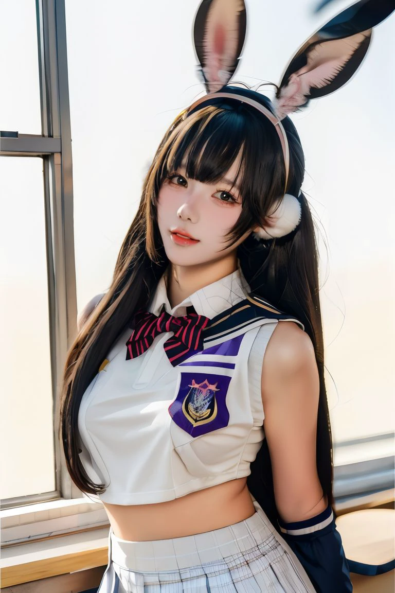 1girl, solo, large breasts, looking at viewer, realistic, photorealistic, long hair, bangs, lips, hyper detailed, super sharp, crisp, smooth, smooth gradients, depth of field, (in studio: 1.1), (white background: 1.1), <lora:yaokoututu:1>, <lora:breastsizeslideroffset:-0.25>, <lora:add_detail_v5:1>, ( student uniform: 1.4), (rabbit ears:1.1), (fake animal ears:1.1)