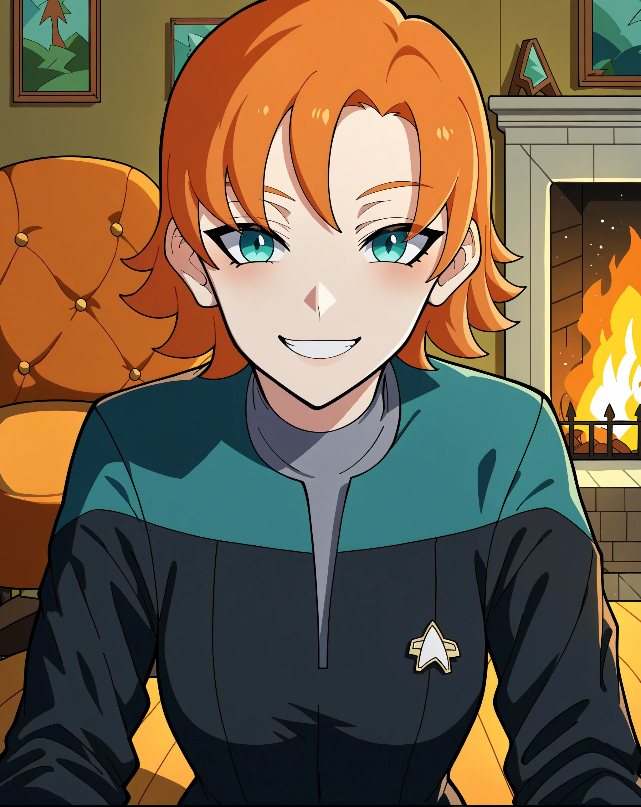 score_9, score_8_up, score_7_up, source_anime, <lora:nora-valkyrie-ponyxl-lora-nochekaiser:1>, nora valkyrie, blue eyes, medium hair, orange hair smile, looking at viewer, solo,room,fireplace,chair,glass
(voyunf, teal star trek uniform,teal shoulders,long black sleeves,black pants,black jumpsuit,grey Vneck)<lora:VoyPony>