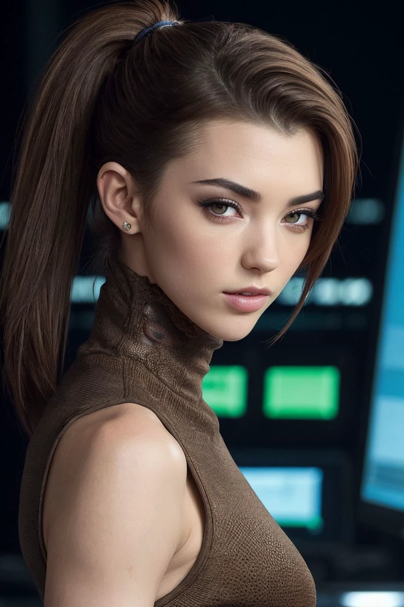 headshot of S463_TeraLink,a stylish woman,in a (control room:1.1),wearing a (cowlneck),(ponytail),(4k, RAW photo, best quality, 50mm, depth of field, ultra high res:1.1),(intricate, photorealistic, cinematic-shot, masterpiece, ultra-detailed:1.1),