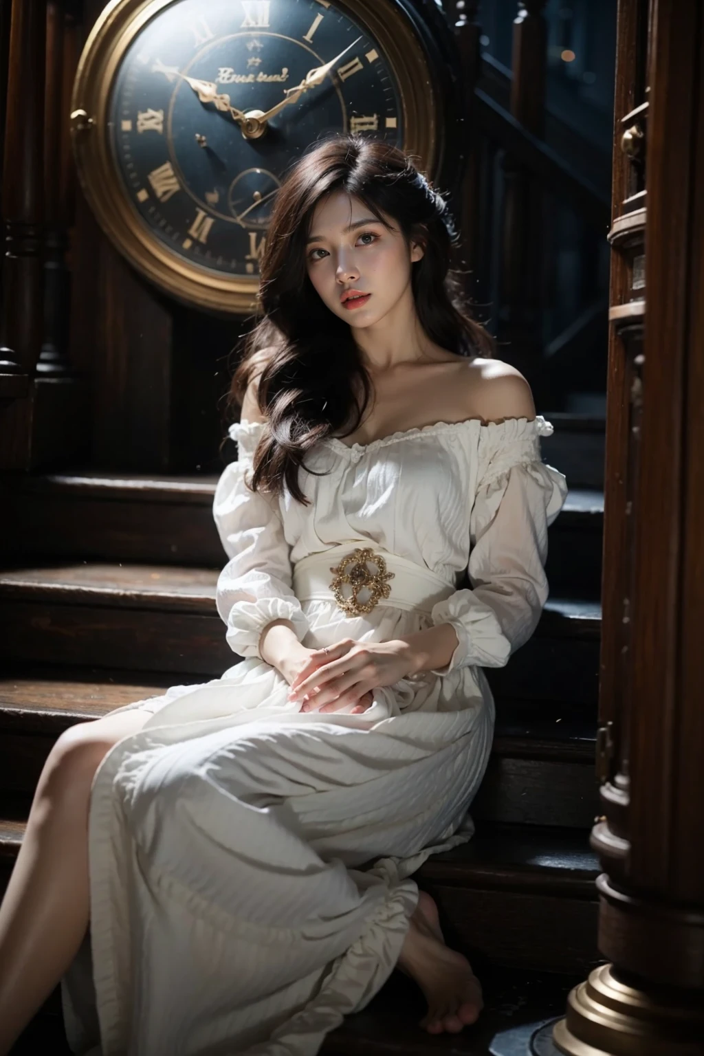 photorealistic,realistic,photography,masterpiece,best quality,ultra-detailed,extremely detailed CG unity 8k wallpaper,(reality: 1.4),1girl,solo,long hair,looking at viewer,black hair,long sleeves,dress,sitting,full body,barefoot,puffy sleeves,white dress,lips,stairs,realistic,clock,red lips,girl clock, <lora:JAY - Girl Clock:0.8>