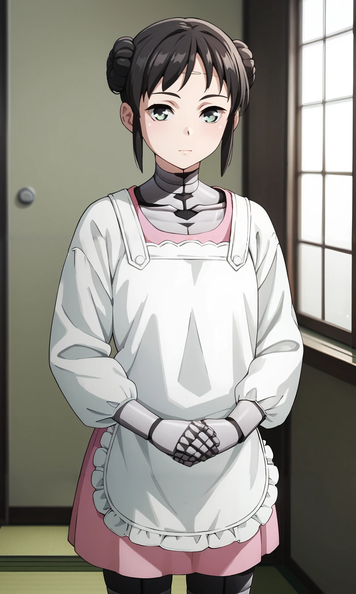 score_9, score_8_up, score_7_up, source_anime, zPDXL2, 1girl BREAK
 <lora:mina:1> mina_wz, green eyes, eyelashes, black hair, double bun, hair bun, short hair, sidelocks, closed mouth, expressionless, android, pink dress, apron, white kappougi, black pantyhose, robot, mechanical parts BREAK
standing, cowboy shot, looking at viewer, expressionless, light blush, tatami, kitchen, blurry background,