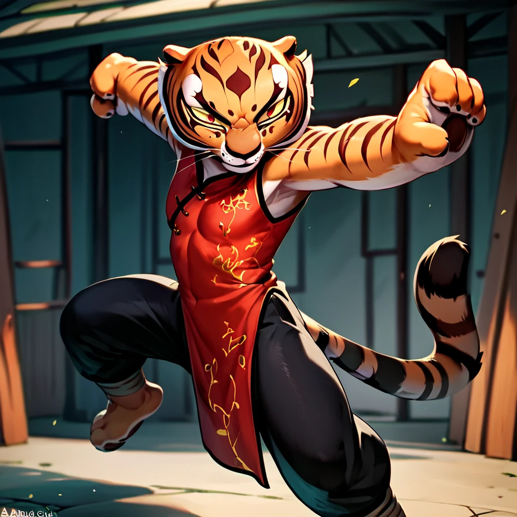 score_9, score_8_up, score_7_up, score_6_up, score_5_up, score_4_up, source_anime,  Tigress, furry, open eyes, red china dress, dynamic pose fighting