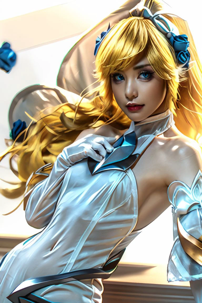 1girl, solo, medium breasts, looking at viewer, realistic, photorealistic, blonde hair, flower, long hair, bare shoulders, blue eyes, hair ornament,  gloves, navel, hyper detailed, super sharp, crisp, smooth, smooth gradients, depth of field, (in studio: 1.1), (white background: 1.1), <lora:nekoyoshi_crystalrose:1>, <lora:breastsizeslideroffset:-0.25>, <lora:add_detail_v5:1>, dress, league of legends, lux