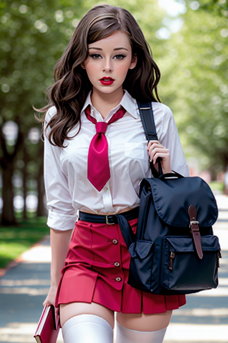 keeleyhazell:0.99, ((red lipstick, blush, pale skin)),((detailed eyes, beautiful eyes, detailed face, beautiful face)), , photo of a woman, college campus, trees, buildings, ((skirt, thighhighs, necktie, shirt, backpack, books)), (cowboy shot, waist, hips, thighs)