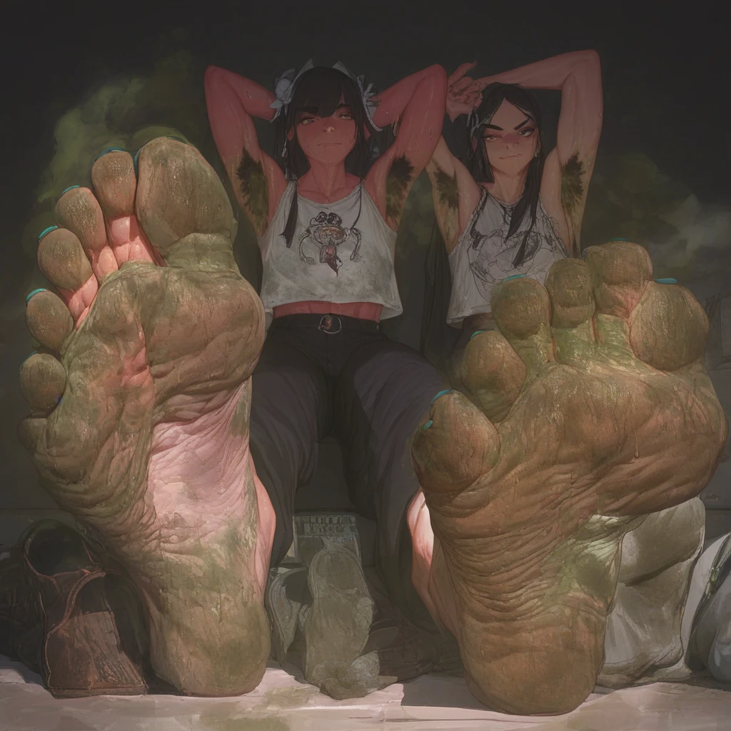 score_9, score_8_up, soles, (best quality, absurd res), 2girl, female, green_eyes, Showing off, Showing off Hairy Armpits, Extremely Stinky Feet, Sweaty Feet, Dirty Feet