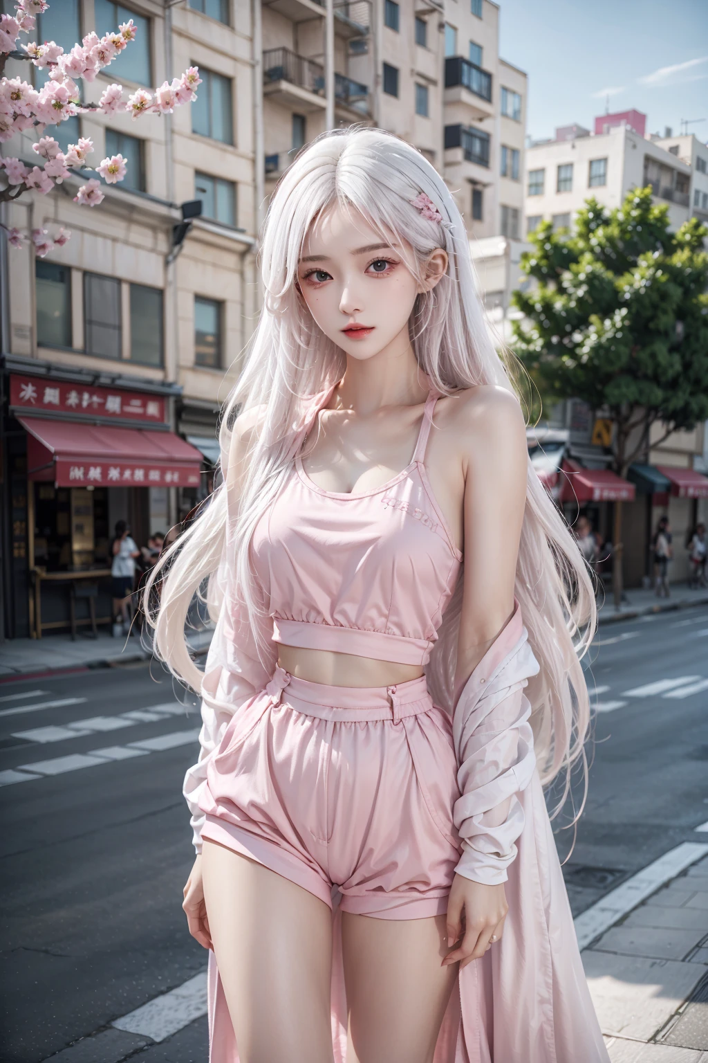 masterpiece,best quality,1girl,solo,upper body,hips up,long white hair,street wear,pink clothing,outdoor,<lora:more_details:0.3>,<lora:FN:0.6>,