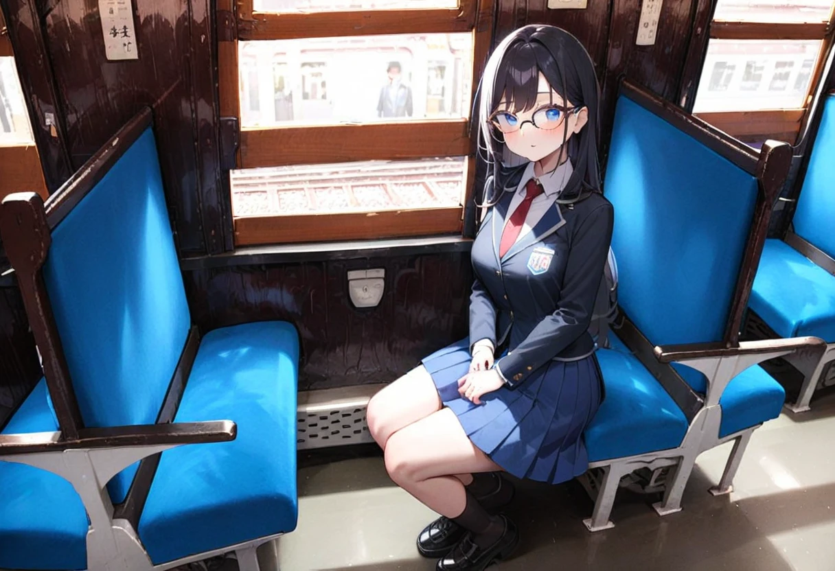 masterpiece, best quality, very aesthetic, absurdres,
1girl, solo, glasses, black hair, long hair, blue eyes, collared shirt, red necktie, pleated skirt, blue skirt, looking at viewer, blush, 
oha35w, train interior, scenery, chair, sunlight, window, day, indoors,
<lora:oha35w_SDXL_V2:0.8>