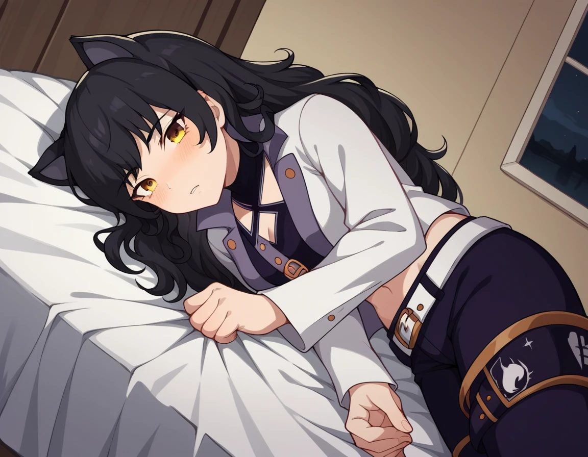 score_9, score_8_up, score_7_up, source_anime, <lora:blake-belladona-ponyxl-lora-nochekaiser:1>, blake, blake belladonna, long hair, black hair, yellow eyes, bow, hair bow, black bow, long hair, bangs,, navel, midriff, belt, jacket, white jacket, long sleeves, open clothes, halterneck, criss-cross halter, pants, black pants, bangs, animal ears, cat ears,, indoors, bed, bed room, on side, blush, drunk, looking at viewer, solo, cowboy shot, dutch angle