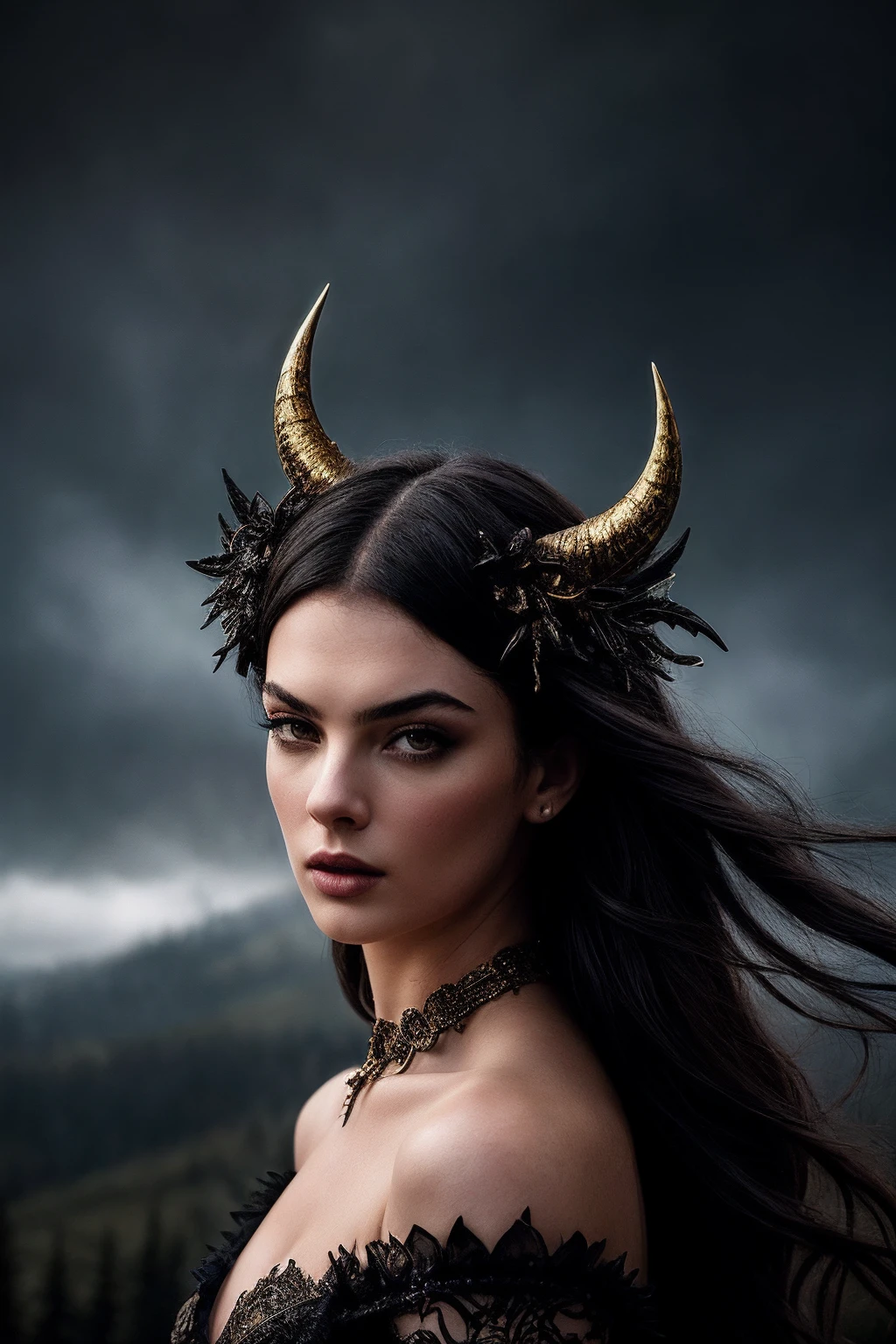 DevaC_SoloTI_v1,
(In a dark, regal gown with intricate patterns and horned headpiece, exuding a powerful and commanding presence), (Amidst the mystical moors and enchanted forests, where magic and myth create a symphony of darkness and redemption, a sense of strength and complexity fills the mystical air:1.3), (powerful:1.3), (moody, atmospheric lighting, mythical creatures, intense shot:1.3),
 <lora:add_detail:0.6>, PA7_Portrait-MCU,