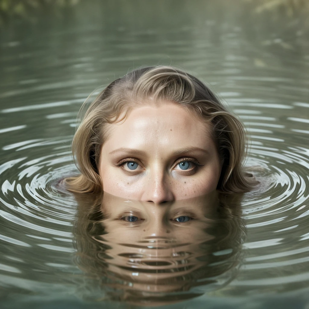 ((Maggie Gyllenhaal)), Mysterious female eyes in a lake, (only her eyes and nose are above water-level, water reflection), alluring, amazing depth, double exposure, surreal, geometric patterns, intricately detailed, bokeh, perfect balanced, deep fine borders, artistic photorealism, (light freckles), hair pulled back