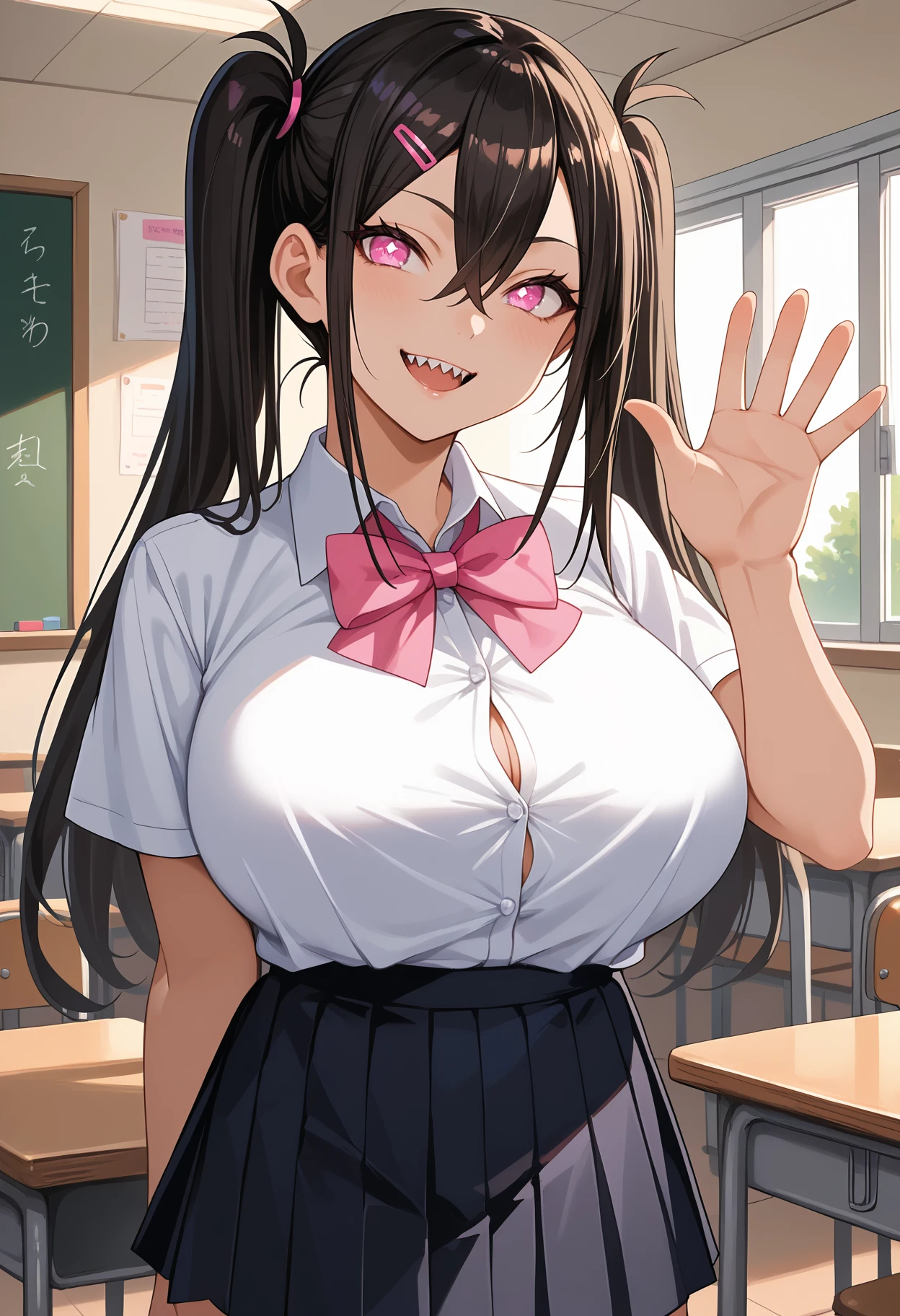 score_9,score_8_up,score_7_up,detailed,1girl,jeloyknn,solo,oiled body,huge breasts,classroom,standing,black hair,twintails,hair between eyes,long hair,hairclip,pink eyes,white pupils,sharp teeth,collared shirt,white shirt,tented shirt,button gap,pink bowtie,short sleeves,pleated skirt,black skirt,looking at viewer,waving,seductive smile,<lora:Yuuki_Nanase-JeloXL-000006:1>,