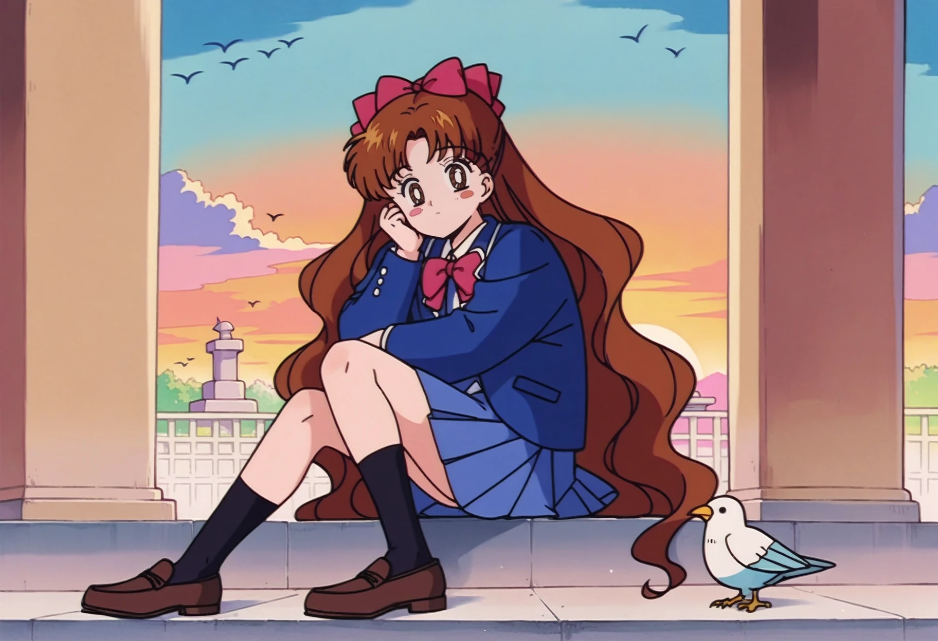 score_9, score_8_up,score_7_up, source_anime, <lora:SlrmnRtr_pdxl_EliPot:1>, 1girl, solo,
brown footwear,afterimage,buddha,hair bow,long hair,red bow,sitting,1girl,blue skirt,blush stickers,jacket,blue jacket,highres,black socks,looking at viewer,solo,shoes,skirt,brown eyes,pigeon,loafers,bird,socks,animal,brown hair,pleated skirt,brown sky,statue,long sleeves,sunset,bow,yukimoto shuuji \(gurigura\),very long hair