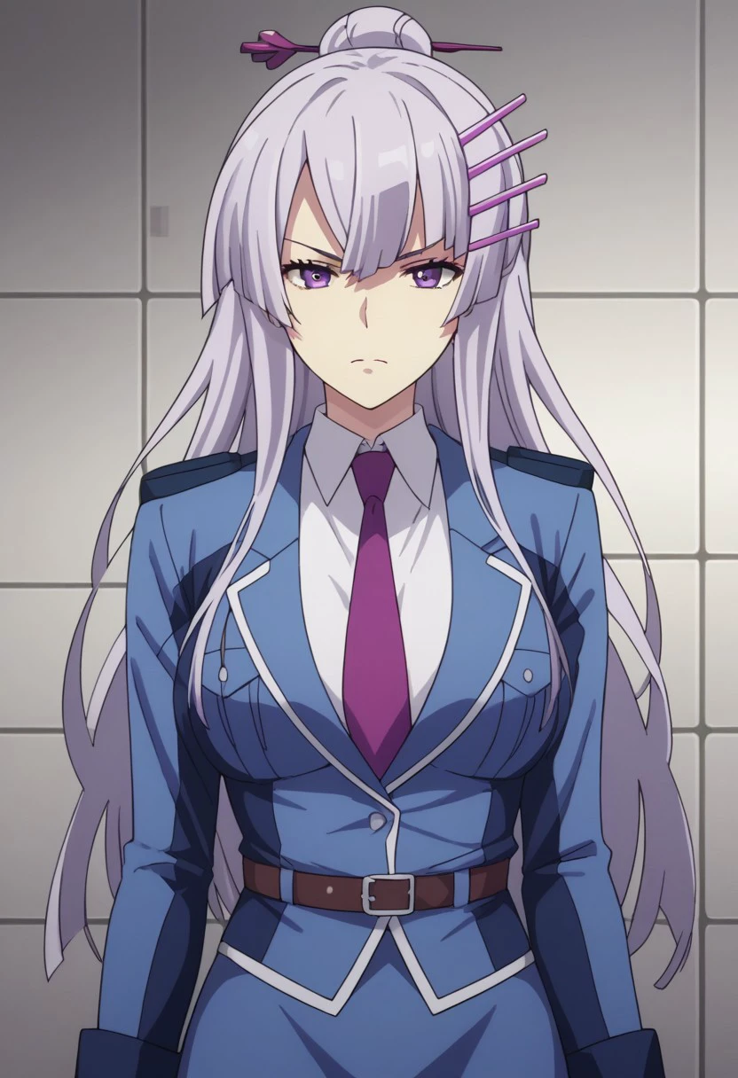 score_9, score_8_up, score_7_up, source_anime, highly detailed, 
Froleytia, 1girl, solo, necktie, standing, skirt, belt, collared shirt, long hair, hair ornament, shirt, purple necktie, bangs, blue skirt, closed mouth, jacket, looking at viewer, long sleeves, purple eyes, blue jacket, upper body, breasts, 
indoor,