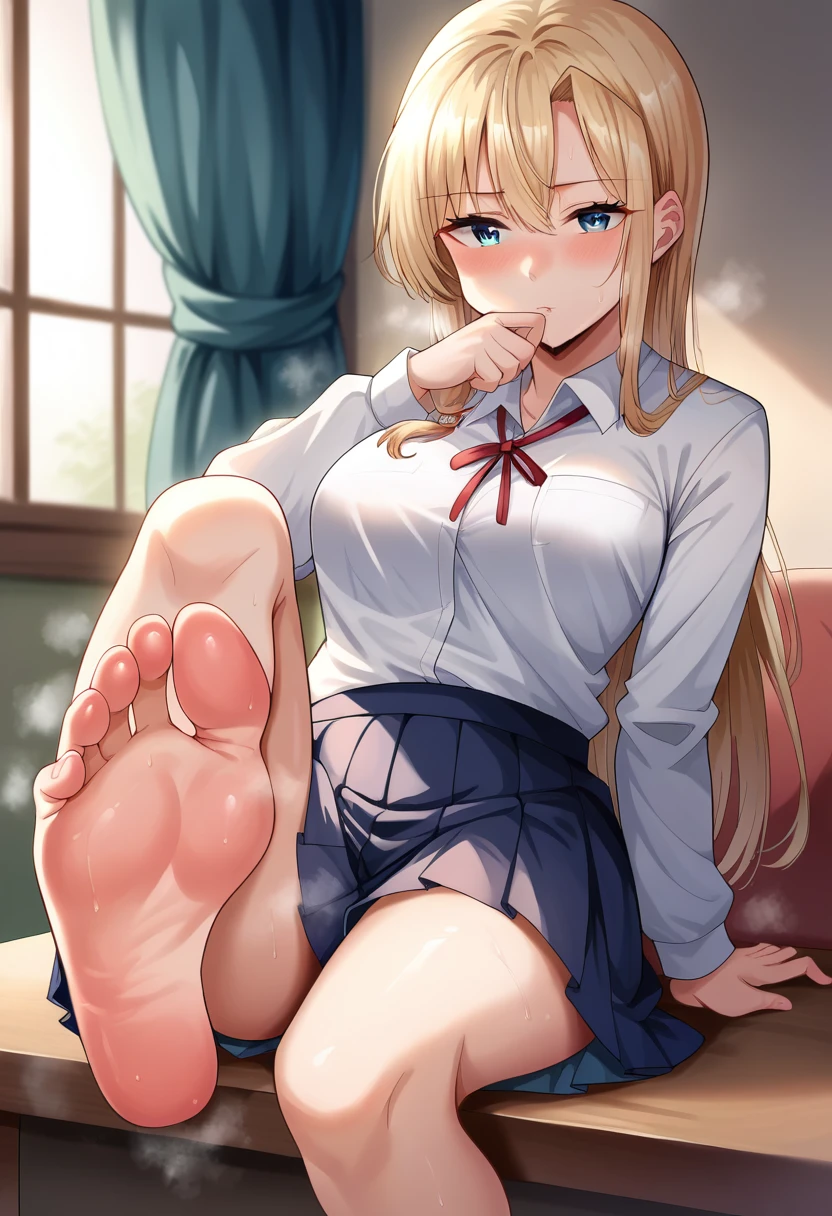 Photorealism、highest quality、超A high resolution、Woman in uniform sitting on bed、Low angle shot:1.5、(M-shaped foot:1.4)、((Showing panties:1.5))、A sexy look for the camera、((blonde:1.4))、((pink silk panties))、((Panties close up:1.4))、Tartan Check Pleated Skirt、Knee socks、A cute and beautiful face down to the last detail、(PurerosFace_v1:0.008)、Brown eyes、eyeliner、blush、Embarrassing、Glare、 Glossy lips: 1.4,  impatience、was scary、Glare、Panty Appeal、Panties close up:1.3、blush、is crying、cry、Open your knees、Spread your legs、Disheveled clothes、dressing、Medium Long Hair,In the bedroom、Anatomically Accurate human body、Two Arms、both hands、Five Fingers、Two legs、Accurate human body